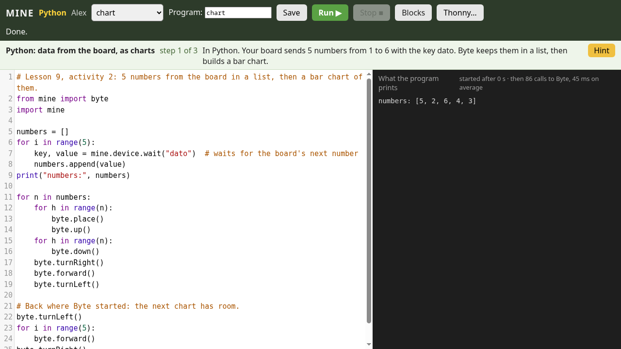 MINE's Python editor with a program that builds a chart